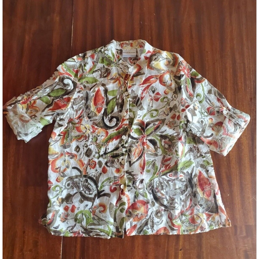 Alfred Dunner Plus Earth Toned Floral Semi Sheer 3/4 Sleeve Button Down Top 14 P
